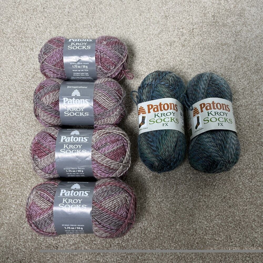 Patons Yarn Kroy Socks 57210 Cascade(2) & 55017 (4) Wool Nylon Blend Skein 50g